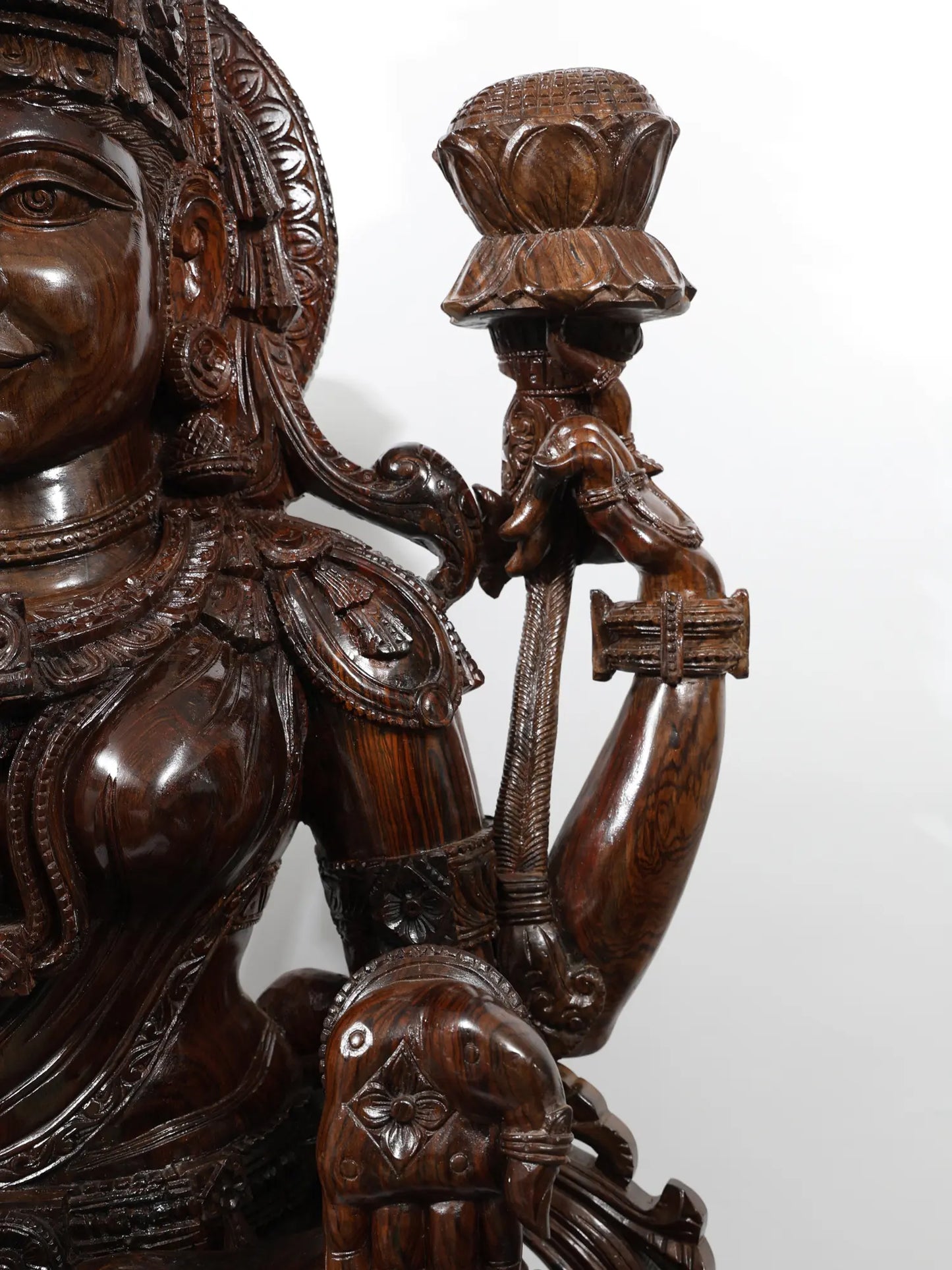 81" Goddess Lakshmi Seated on Lotus Pedestal | Hand Carved Wood Sculpture | Wood Idol for Temple