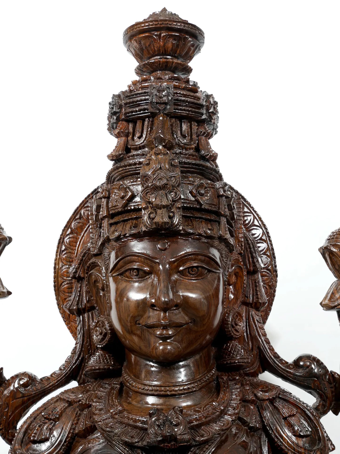 81" Goddess Lakshmi Seated on Lotus Pedestal | Hand Carved Wood Sculpture | Wood Idol for Temple
