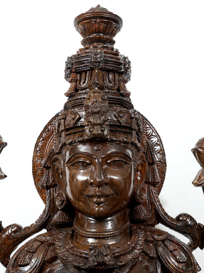 81" Goddess Lakshmi Seated on Lotus Pedestal | Hand Carved Wood Sculpture | Wood Idol for Temple