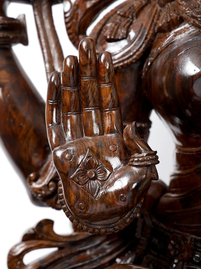 81" Goddess Lakshmi Seated on Lotus Pedestal | Hand Carved Wood Sculpture | Wood Idol for Temple