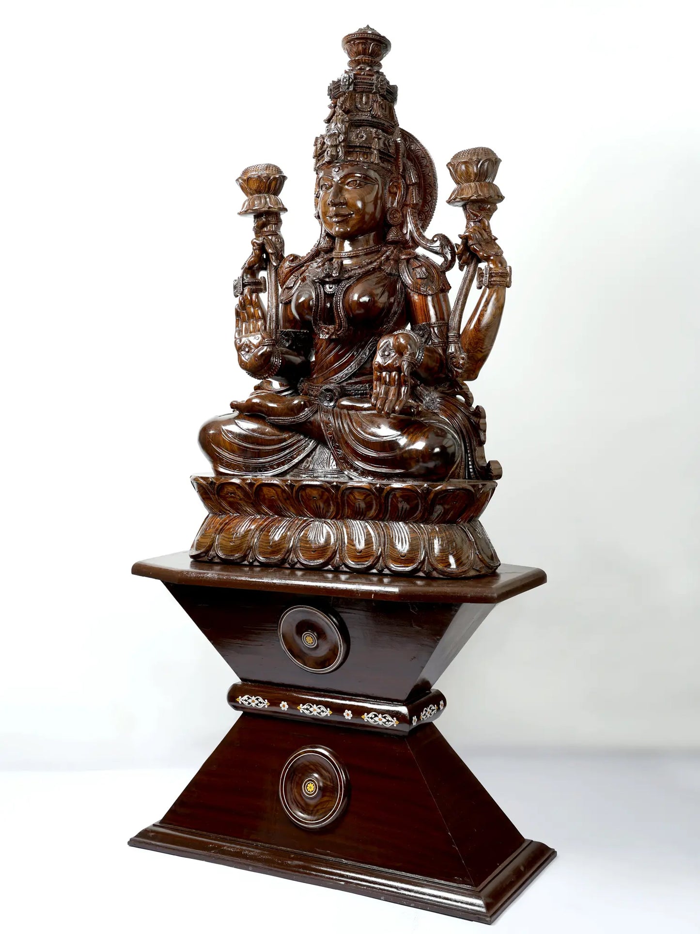 81" Goddess Lakshmi Seated on Lotus Pedestal | Hand Carved Wood Sculpture | Wood Idol for Temple