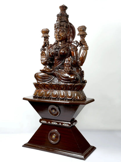 81" Goddess Lakshmi Seated on Lotus Pedestal | Hand Carved Wood Sculpture | Wood Idol for Temple