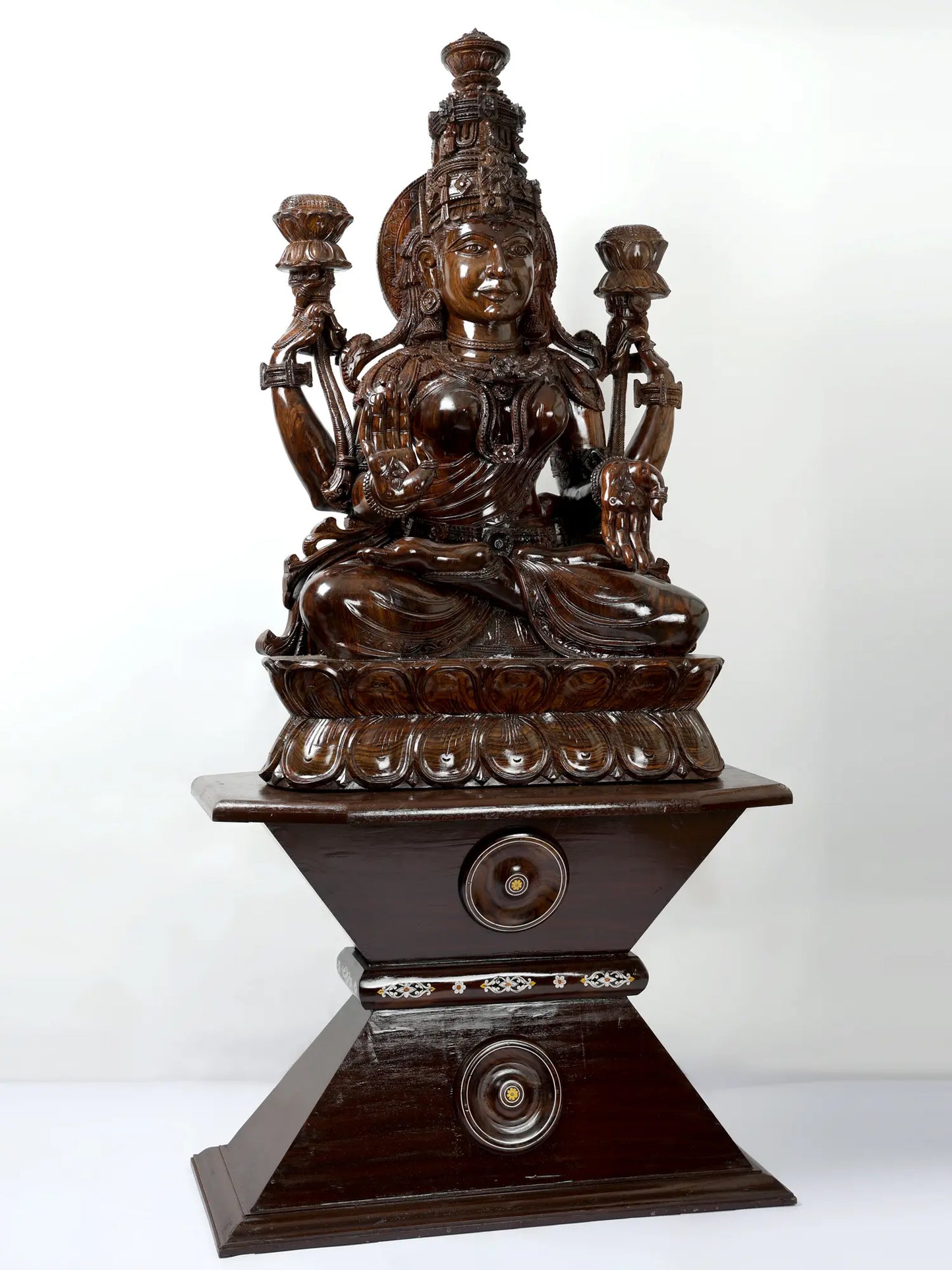 81" Goddess Lakshmi Seated on Lotus Pedestal | Hand Carved Wood Sculpture | Wood Idol for Temple