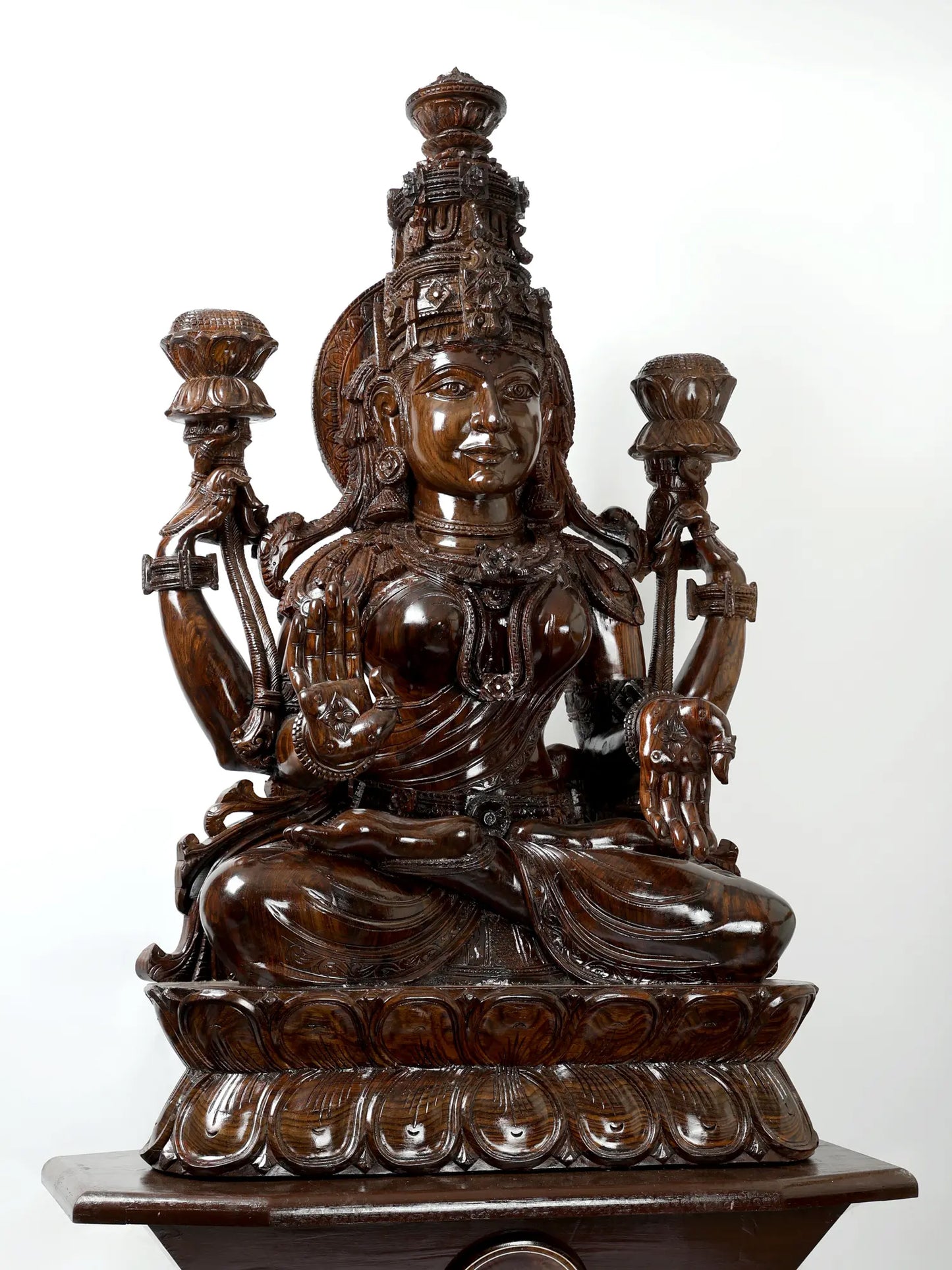 81" Goddess Lakshmi Seated on Lotus Pedestal | Hand Carved Wood Sculpture | Wood Idol for Temple