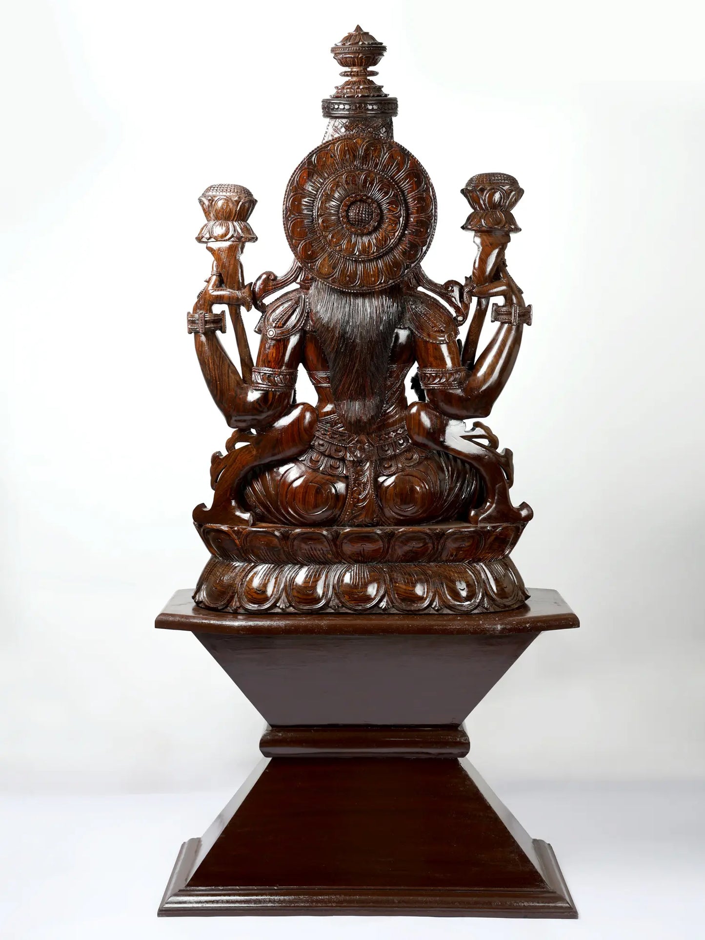 81" Goddess Lakshmi Seated on Lotus Pedestal | Hand Carved Wood Sculpture | Wood Idol for Temple