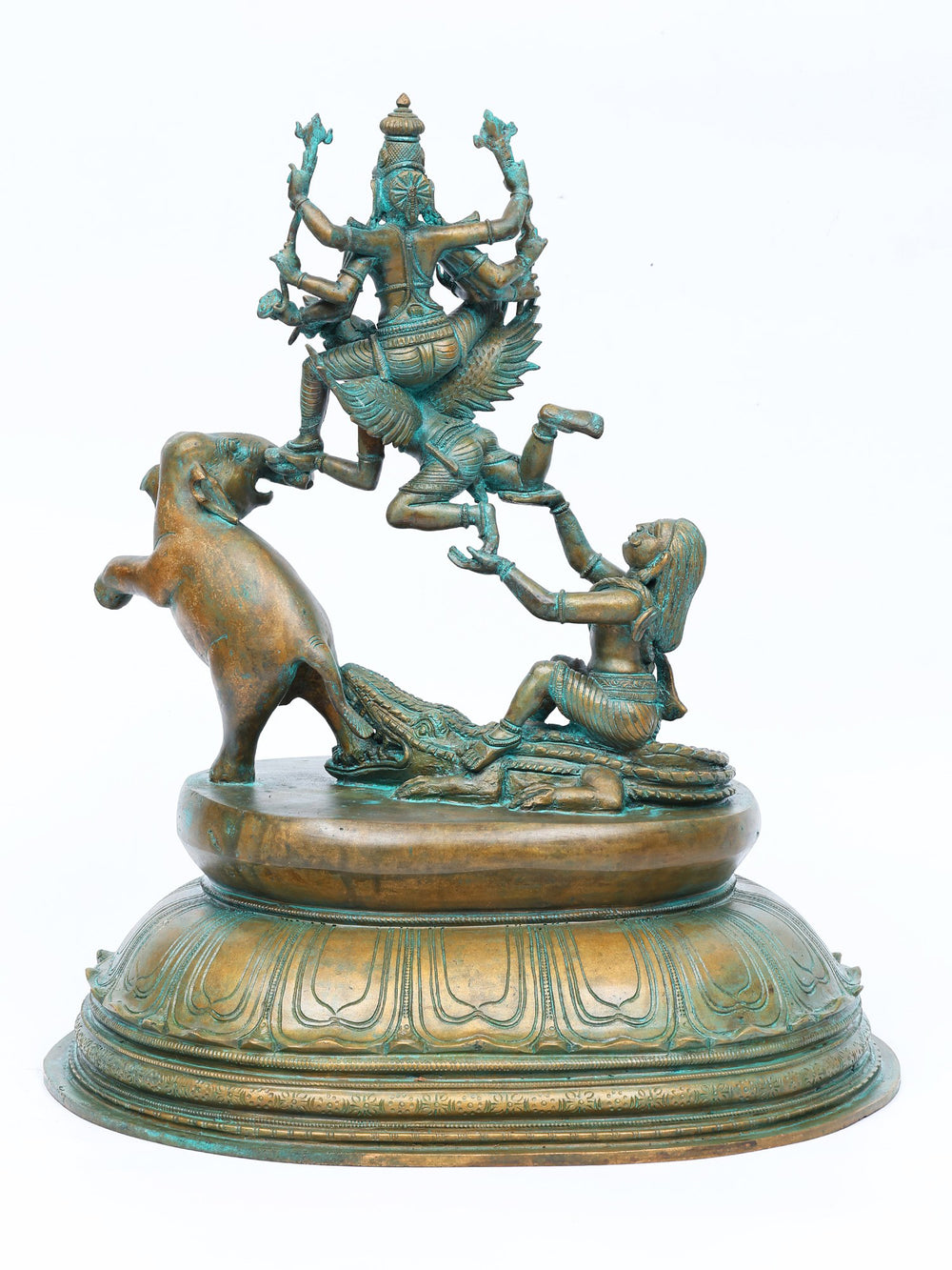 Gajendra Moksha with Garuda-Mounted Vishnu in Panchaloha Bronze – Swamimalai, Tamil Nadu