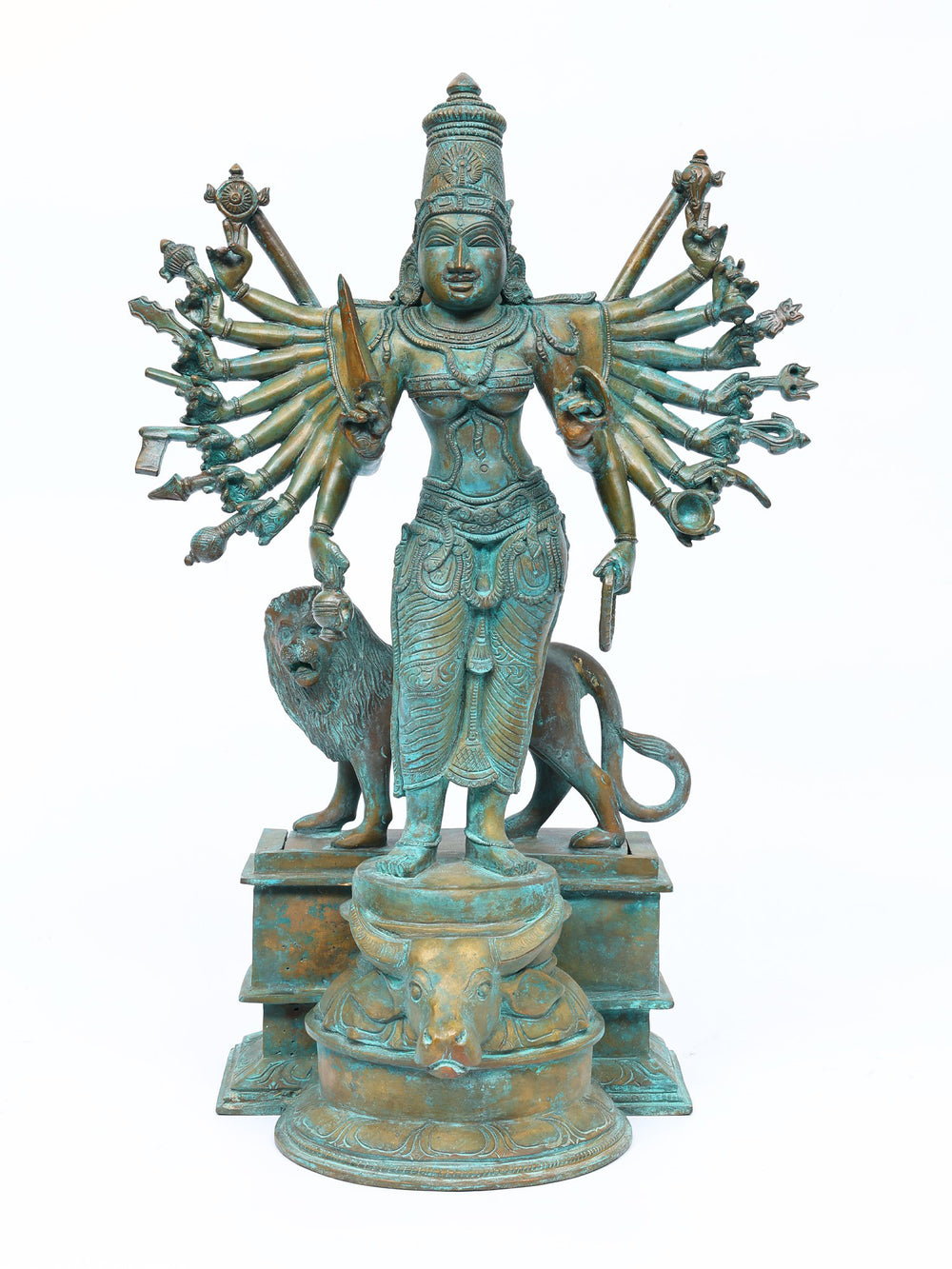 Standing Durga with Eighteen Arms and Lion in Bronze