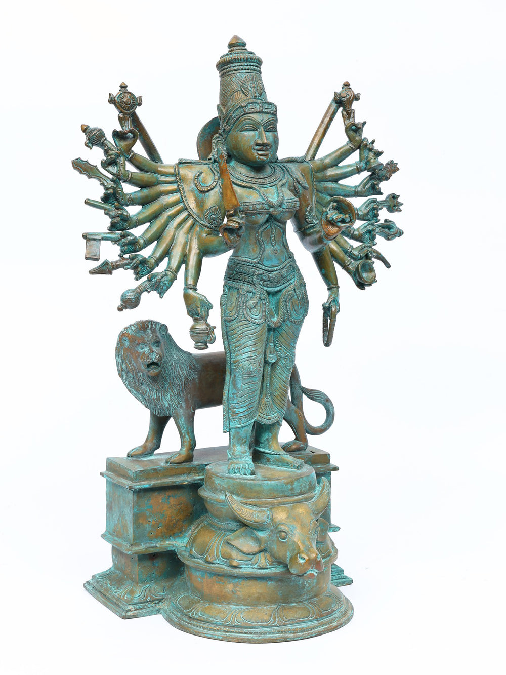 Standing Durga with Eighteen Arms and Lion in Bronze – Swamimalai, Tamil Nadu