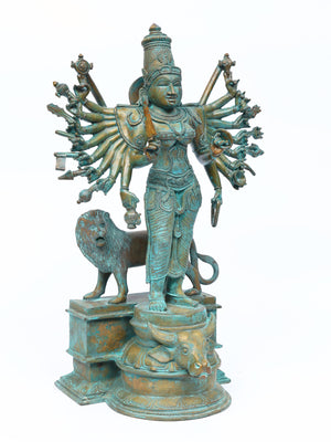 Standing Durga with Eighteen Arms and Lion in Bronze – Swamimalai, Tamil Nadu