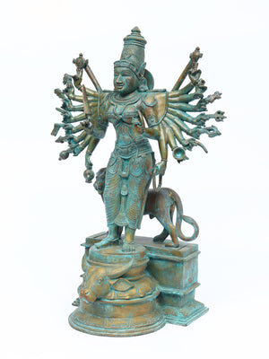 Standing Durga with Eighteen Arms and Lion in Bronze – Swamimalai, Tamil Nadu
