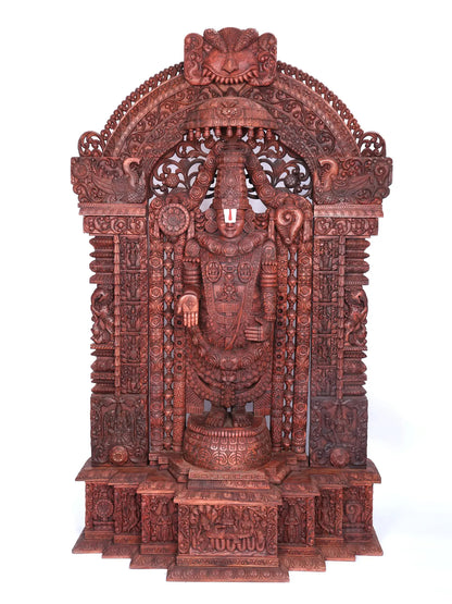 98" Super Large Wood Statue of Tirupati Balaji (Venkateshvara) with Kirtimukha | Wood Carved Figurine for Temple