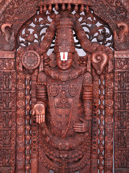 98" Super Large Wood Statue of Tirupati Balaji (Venkateshvara) with Kirtimukha | Wood Carved Figurine for Temple