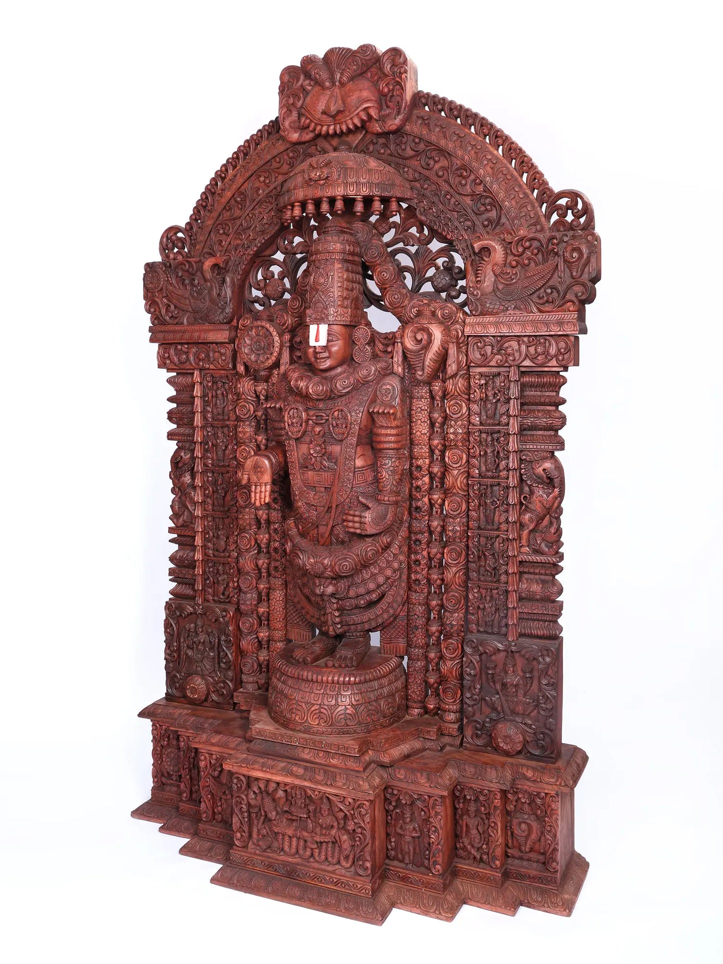 98" Super Large Wood Statue of Tirupati Balaji (Venkateshvara) with Kirtimukha | Wood Carved Figurine for Temple