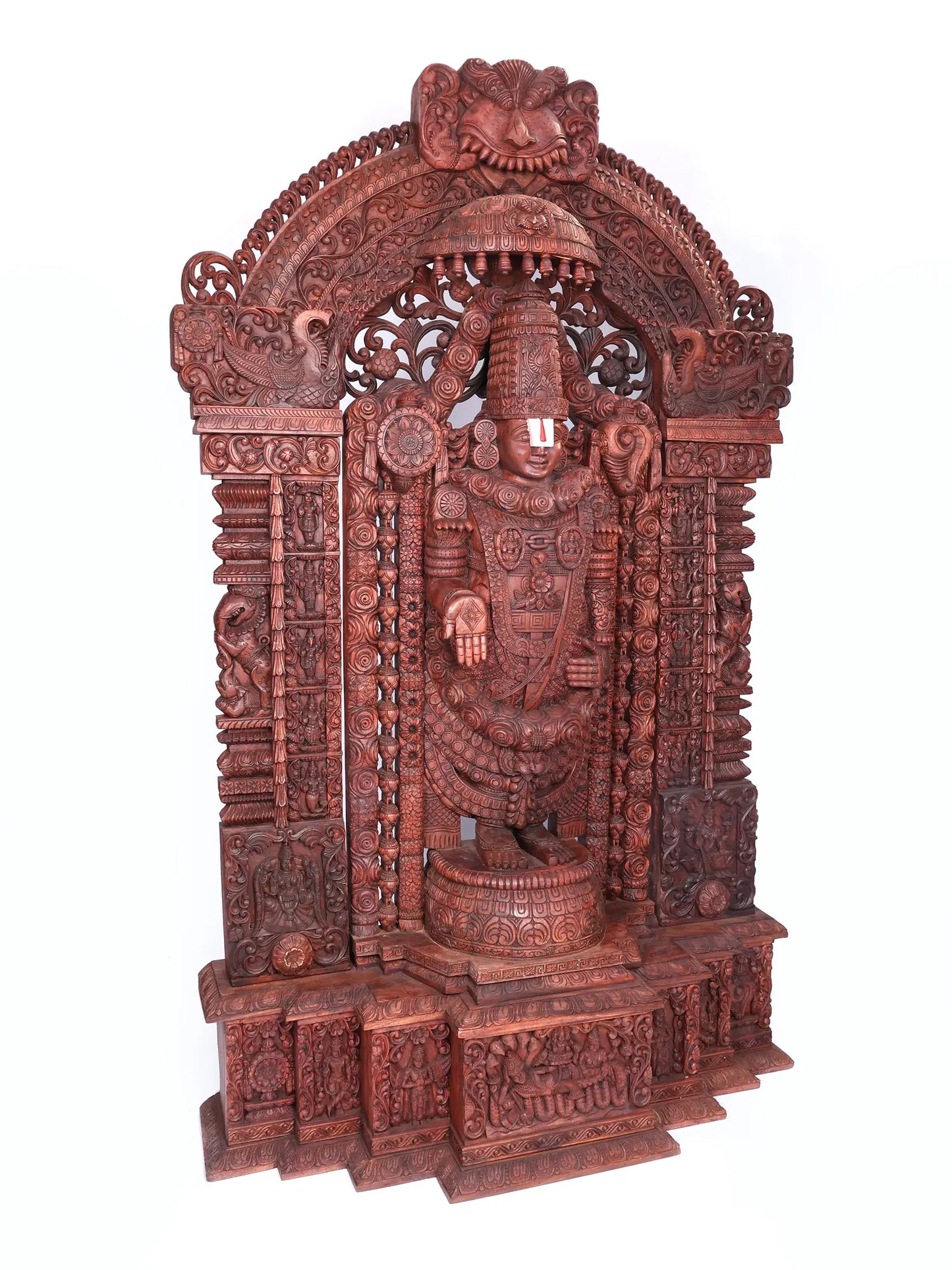 98" Super Large Wood Statue of Tirupati Balaji (Venkateshvara) with Kirtimukha | Wood Carved Figurine for Temple