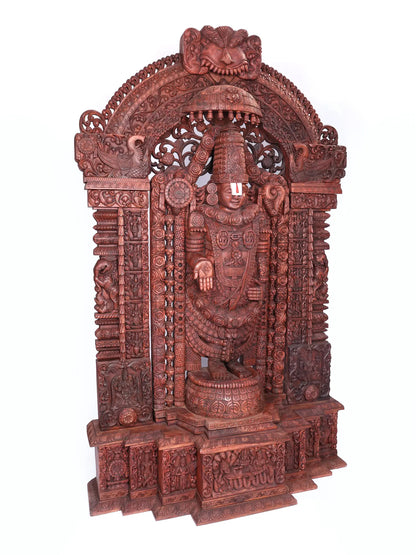 98" Super Large Wood Statue of Tirupati Balaji (Venkateshvara) with Kirtimukha | Wood Carved Figurine for Temple