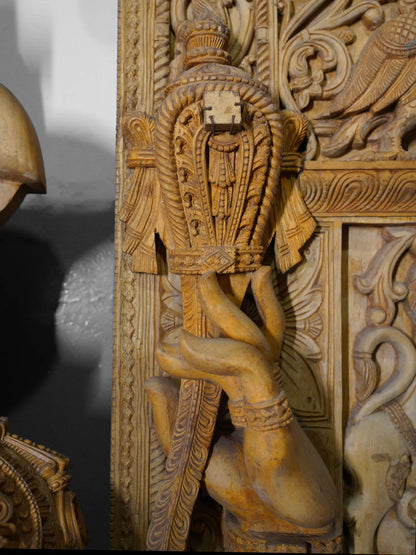 126" Four armed Lord Ganesha Seated with Kirtimukha Throne | Wood Carved Statue | Shipped by Sea