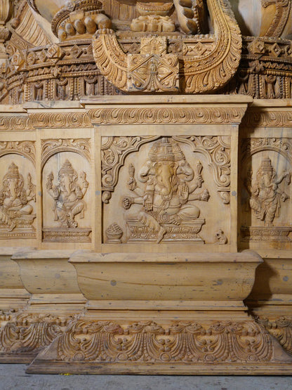 126" Four armed Lord Ganesha Seated with Kirtimukha Throne | Wood Carved Statue | Shipped by Sea