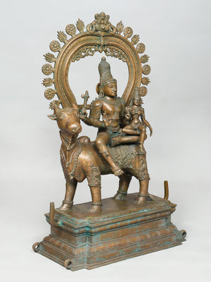Uma Maheshwara as Pradosha Moorthy Seated on Nandi in Bronze