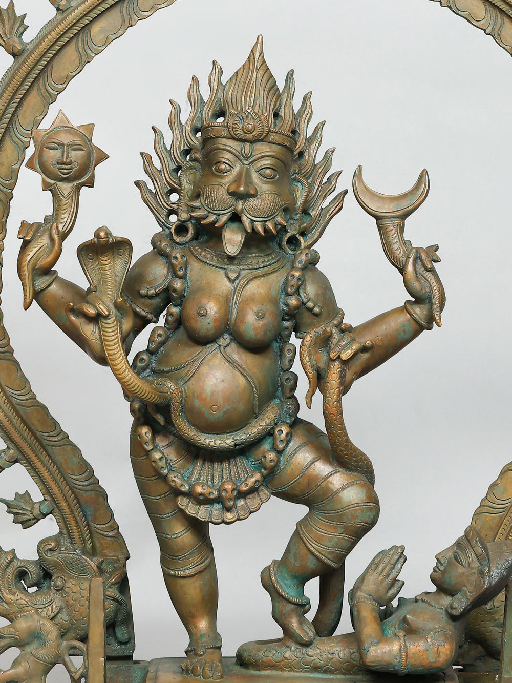 Pratyangira with Yali Base and Kirtimukha Prabhavali in Panchaloha Bronze – Swamimalai, Tamil Nadu