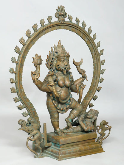 25" Goddess Pratyangira with Kirtimukha Prabhavali (Lost-Wax) | Panchaloha Bronze from Swamimalai