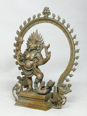 Pratyangira with Yali Base and Kirtimukha Prabhavali in Panchaloha Bronze – Swamimalai, Tamil Nadu