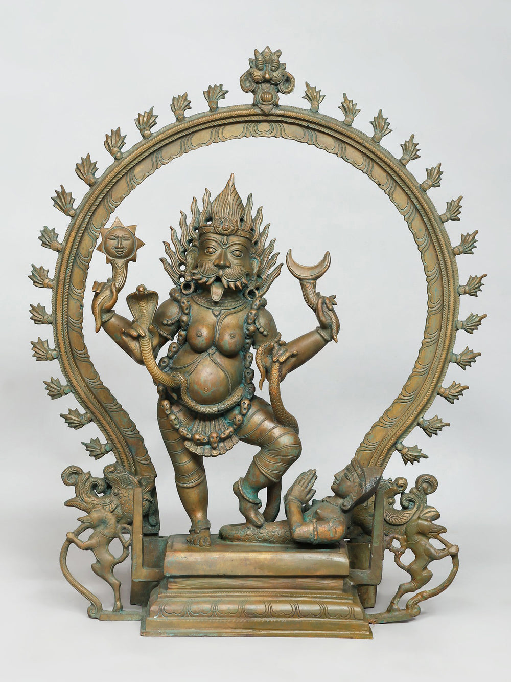 Pratyangira with Yali Base and Kirtimukha Prabhavali in Panchaloha Bronze
