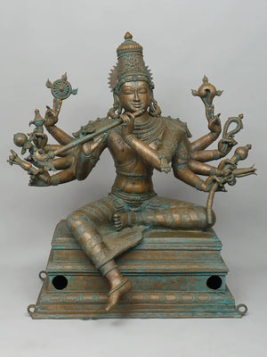 Seated Ten Armed Krishna Playing Flute In Panchaloha Bronze