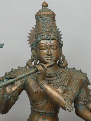 Seated Ten Armed Krishna Playing Flute In Panchaloha Bronze – Swamimalai, Tamil Nadu