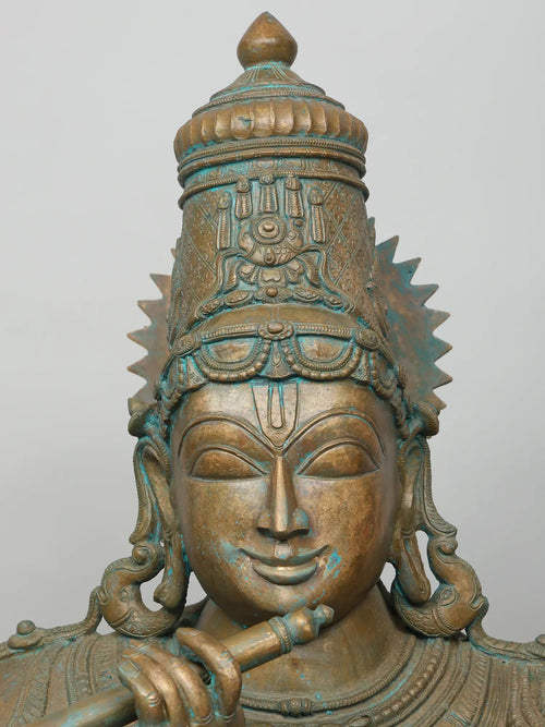 Seated Ten Armed Krishna Playing Flute In Panchaloha Bronze – Swamimalai, Tamil Nadu