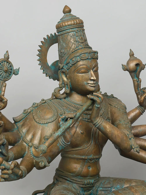 Seated Ten Armed Krishna Playing Flute In Panchaloha Bronze – Swamimalai, Tamil Nadu