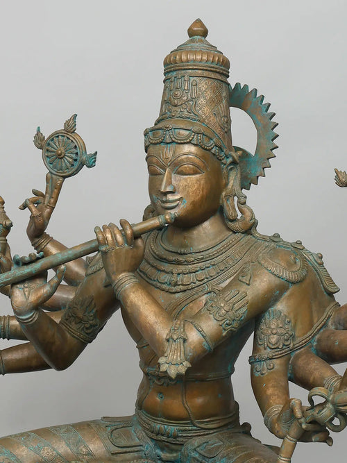 Seated Ten Armed Krishna Playing Flute In Panchaloha Bronze – Swamimalai, Tamil Nadu