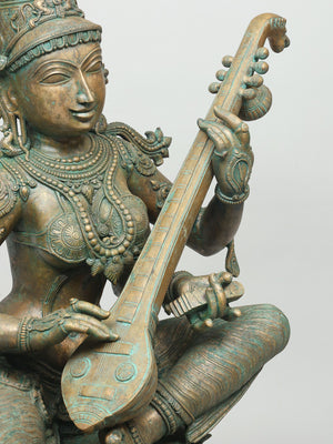 Seated Saraswati with Veena and Rosary in Bronze – Swamimalai, Tamil Nadu
