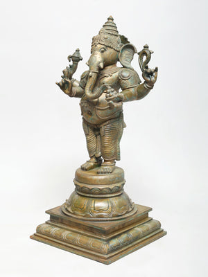 Standing Four-Armed Ganesha on Lotus Pedestal in Panchaloha Bronze – Swamimalai, Tamil Nadu