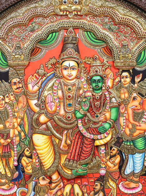 Grand Shiva Parvati Kalyanam - Sacred Wedding of Goddess Meenakshi and Lord Sundareswarar - Circular Tanjore Painting with 24 Karat Gold Work