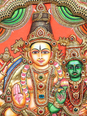 Grand Shiva Parvati Kalyanam - Sacred Wedding of Goddess Meenakshi and Lord Sundareswarar - Circular Tanjore Painting with 24 Karat Gold Work