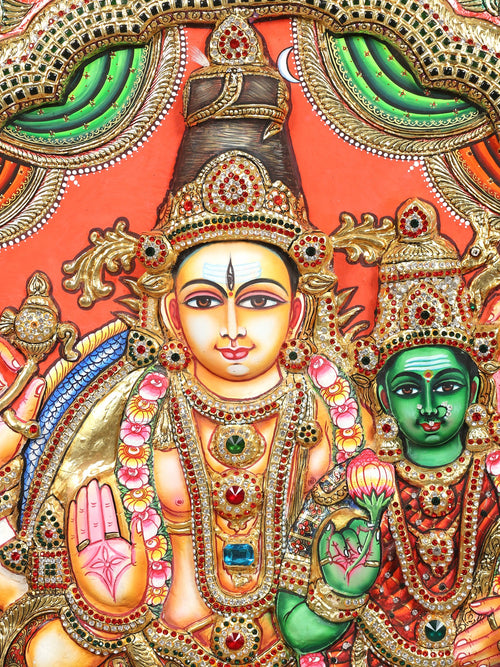 Grand Shiva Parvati Kalyanam - Sacred Wedding of Goddess Meenakshi and Lord Sundareswarar - Circular Tanjore Painting with 24 Karat Gold Work