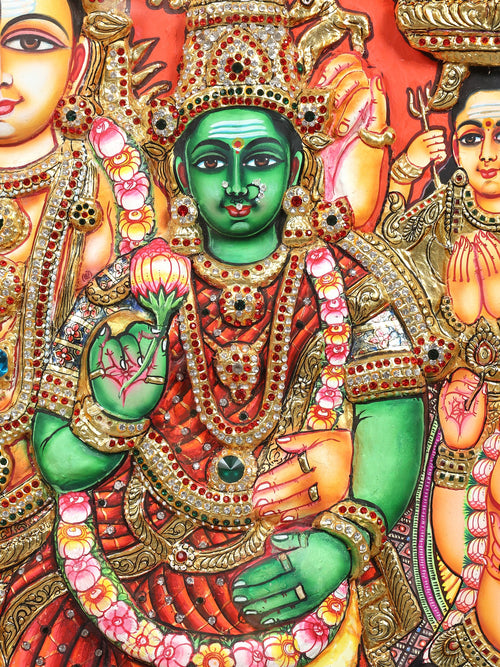 Grand Shiva Parvati Kalyanam - Sacred Wedding of Goddess Meenakshi and Lord Sundareswarar - Circular Tanjore Painting with 24 Karat Gold Work