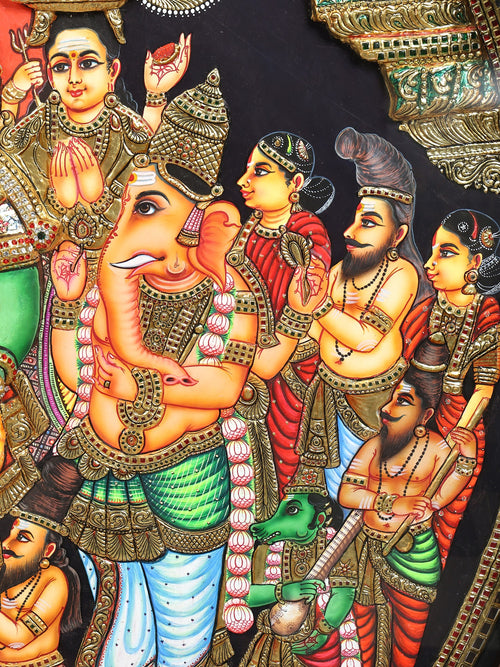 Grand Shiva Parvati Kalyanam - Sacred Wedding of Goddess Meenakshi and Lord Sundareswarar - Circular Tanjore Painting with 24 Karat Gold Work