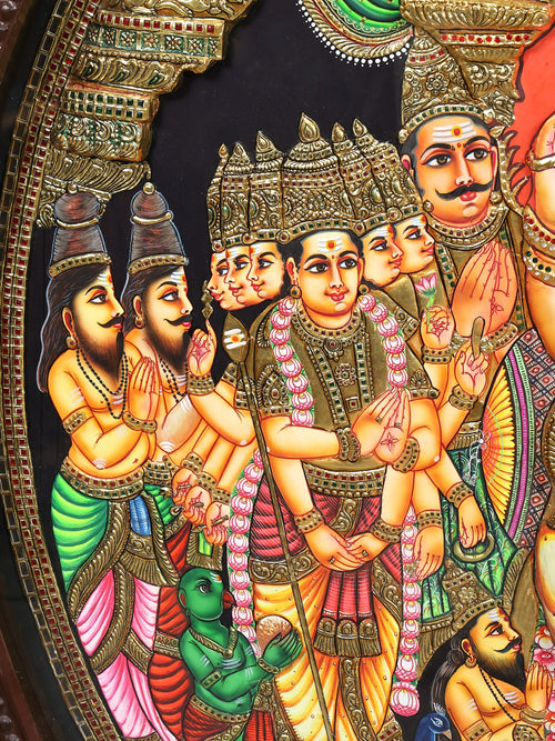 Grand Shiva Parvati Kalyanam - Sacred Wedding of Goddess Meenakshi and Lord Sundareswarar - Circular Tanjore Painting with 24 Karat Gold Work