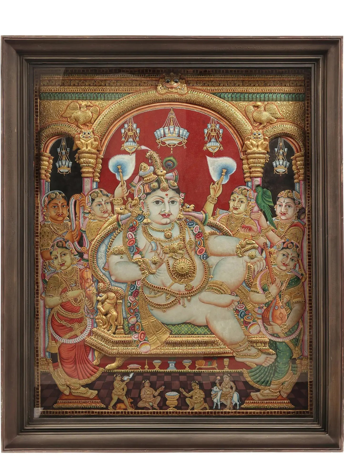 Darbar of lord Krishna | Superfine Embossed Tanjore Painting | With Vintage Teakwood Frame