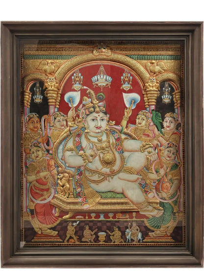 Darbar of lord Krishna | Superfine Embossed Tanjore Painting | With Vintage Teakwood Frame