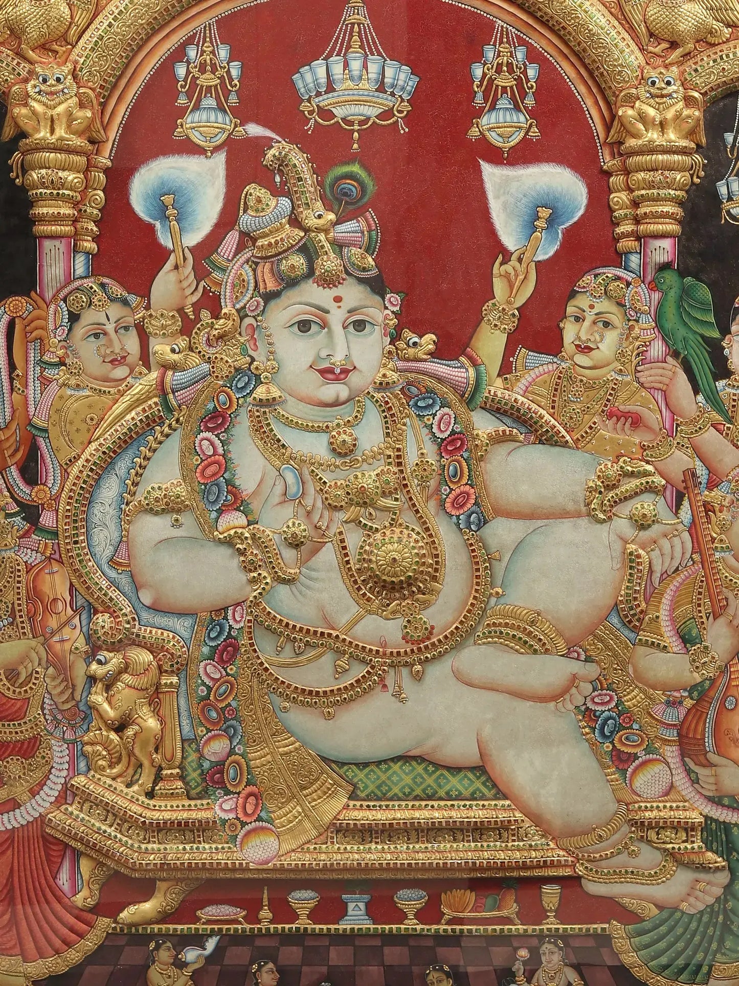 Darbar of lord Krishna | Superfine Embossed Tanjore Painting | With Vintage Teakwood Frame