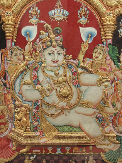 Darbar of lord Krishna | Superfine Embossed Tanjore Painting | With Vintage Teakwood Frame