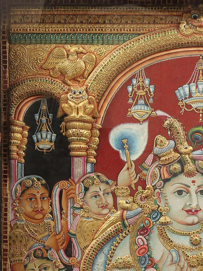 Darbar of lord Krishna | Superfine Embossed Tanjore Painting | With Vintage Teakwood Frame