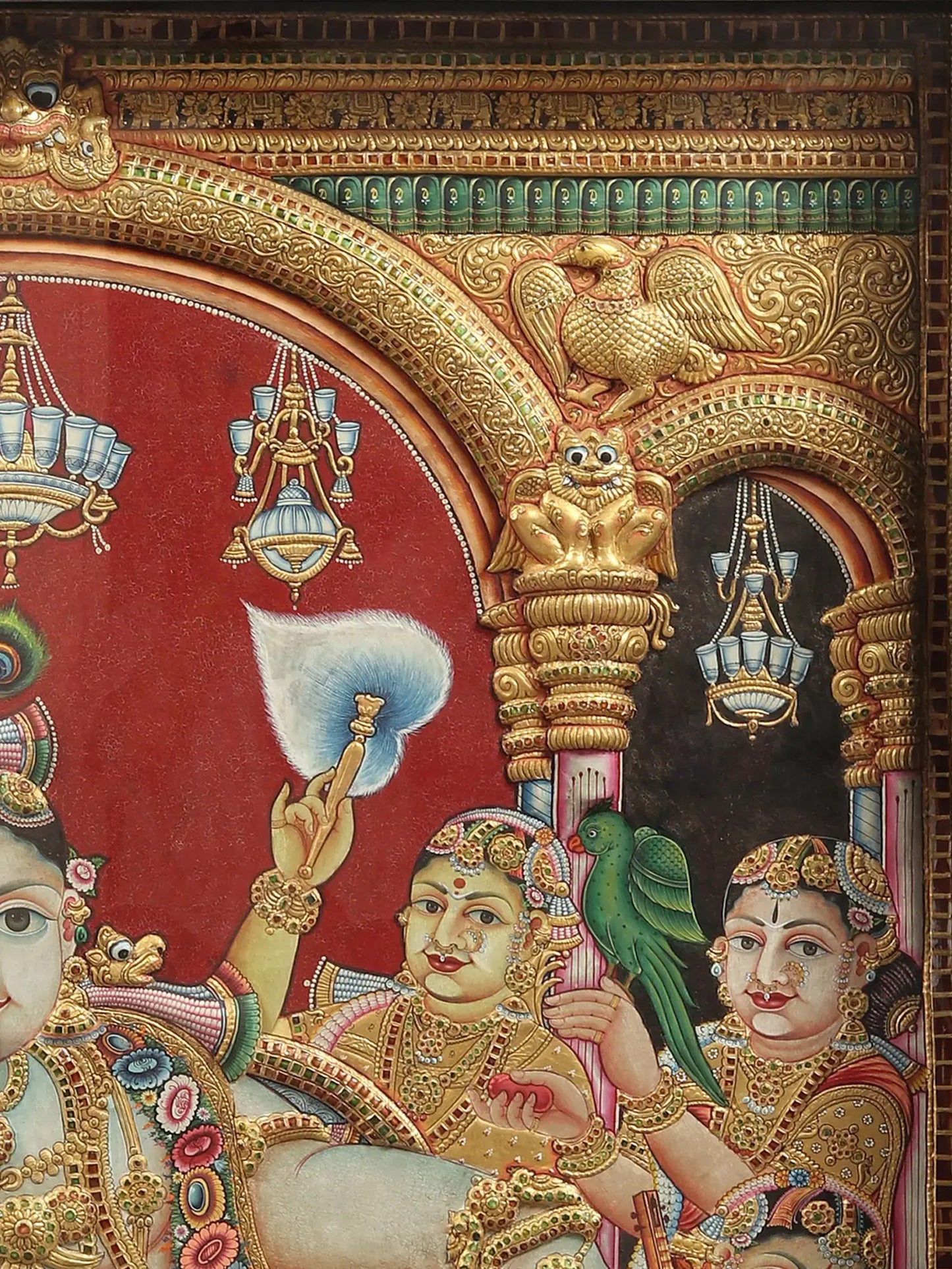 Darbar of lord Krishna | Superfine Embossed Tanjore Painting | With Vintage Teakwood Frame