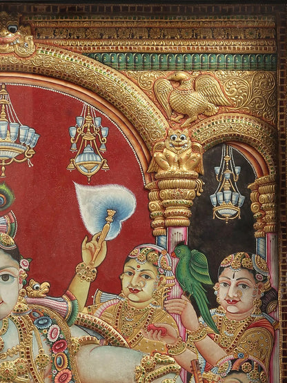 Darbar of lord Krishna | Superfine Embossed Tanjore Painting | With Vintage Teakwood Frame