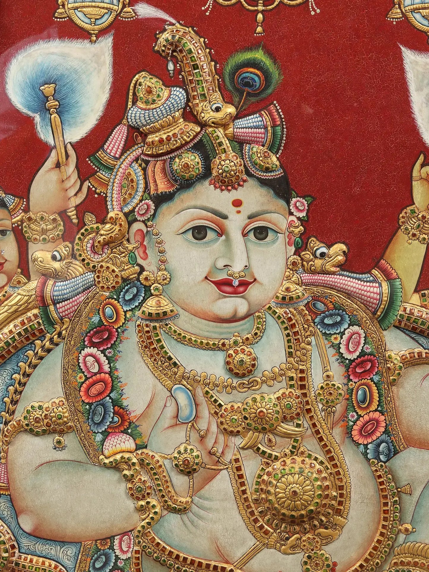 Darbar of lord Krishna | Superfine Embossed Tanjore Painting | With Vintage Teakwood Frame