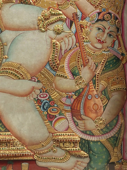 Darbar of lord Krishna | Superfine Embossed Tanjore Painting | With Vintage Teakwood Frame