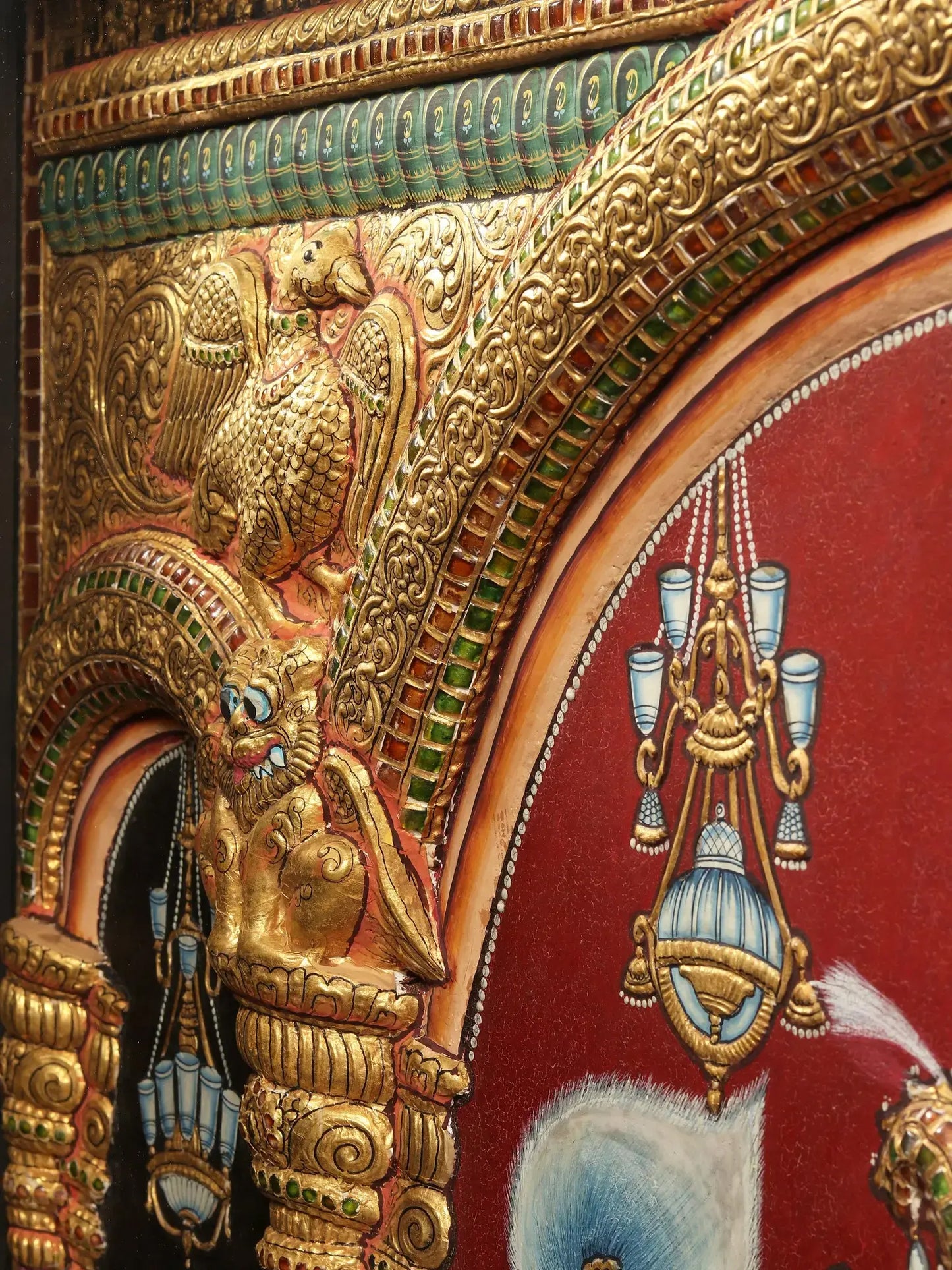 Darbar of lord Krishna | Superfine Embossed Tanjore Painting | With Vintage Teakwood Frame