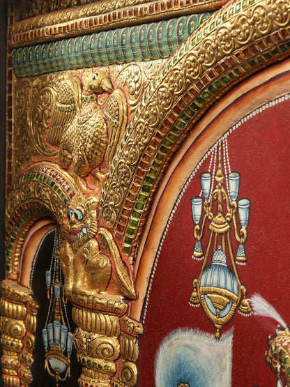 Darbar of lord Krishna | Superfine Embossed Tanjore Painting | With Vintage Teakwood Frame